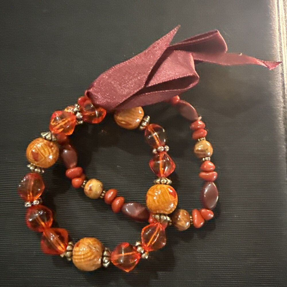 Two Orange & Red Beaded Expandable Bracelets
